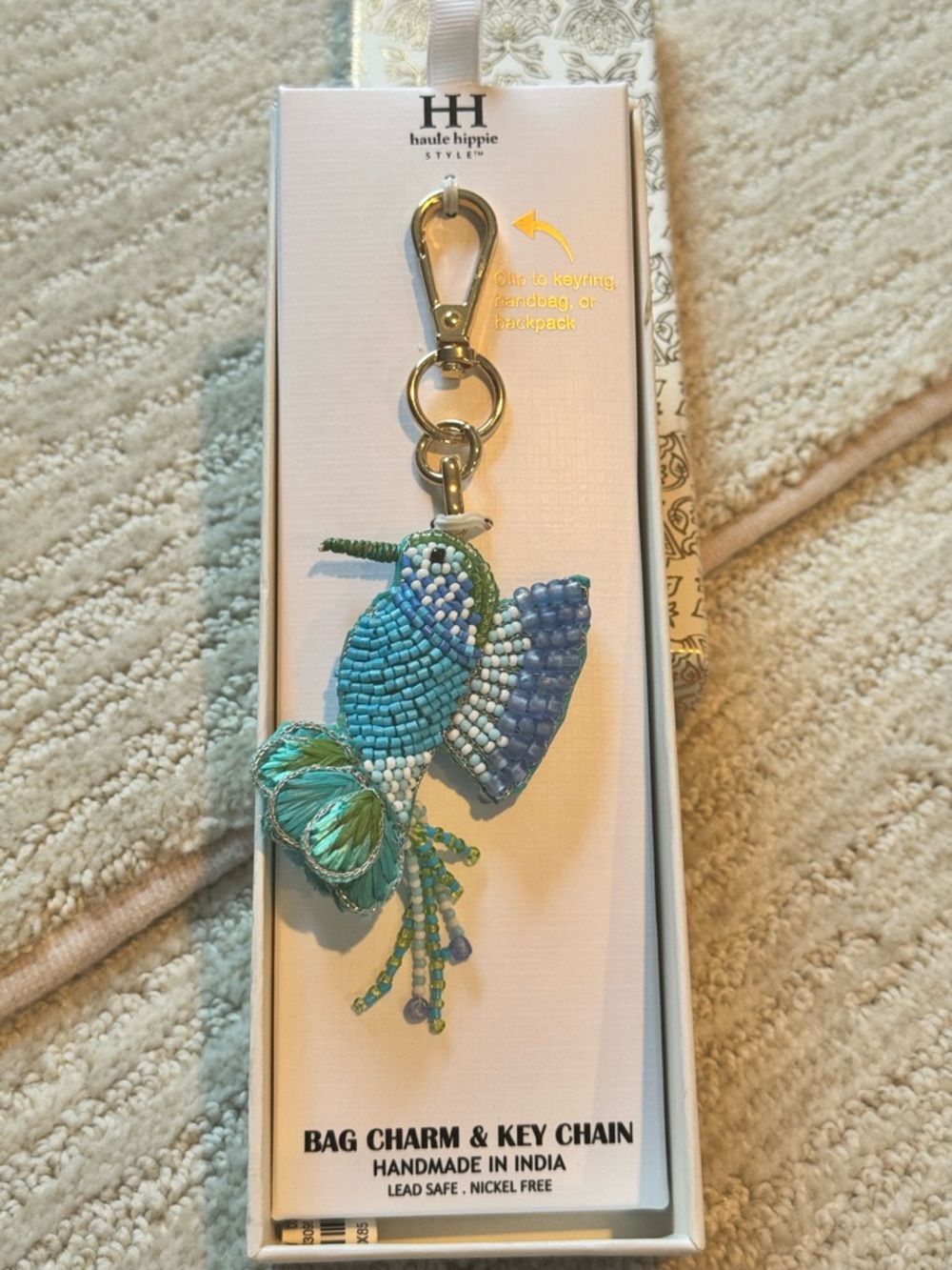 Haute Hippie Turquoise & Teal Beaded Hummingbird Key Chain with Gold-Tone Clasp
